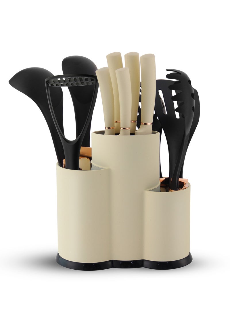 HausRoland 12 Pieces Kitchen Utensil Set, Knife Set, Stainless steel blades with Sleek storage rack, Non Stick Kitchen Cooking Cutlery, Includes Tongs, Spatula, Turner, Ladle, and More  - Image 1