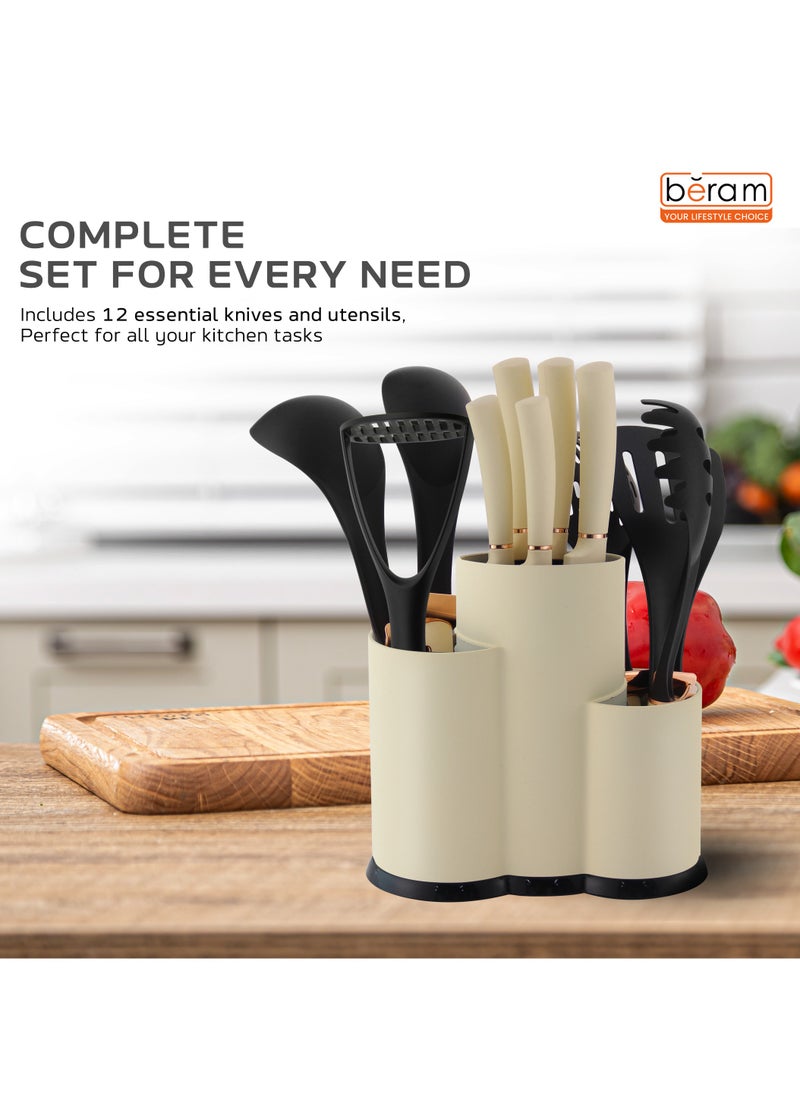 HausRoland 12 Pieces Kitchen Utensil Set, Knife Set, Stainless steel blades with Sleek storage rack, Non Stick Kitchen Cooking Cutlery, Includes Tongs, Spatula, Turner, Ladle, and More  - Image 2