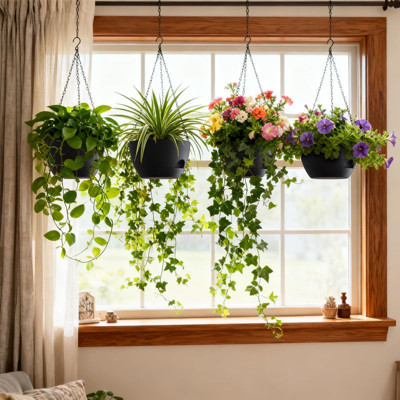 UOUZ 4 Pack 8 Inch Self Watering Hanging Planters for Indoor Outdoor Plantsï¼ŒHanging Pots for Plants with Drainage Removable Tray, Hanging Baskets Flower Pots for Ivy Pothos Spider Garden Porch Black - Image 2