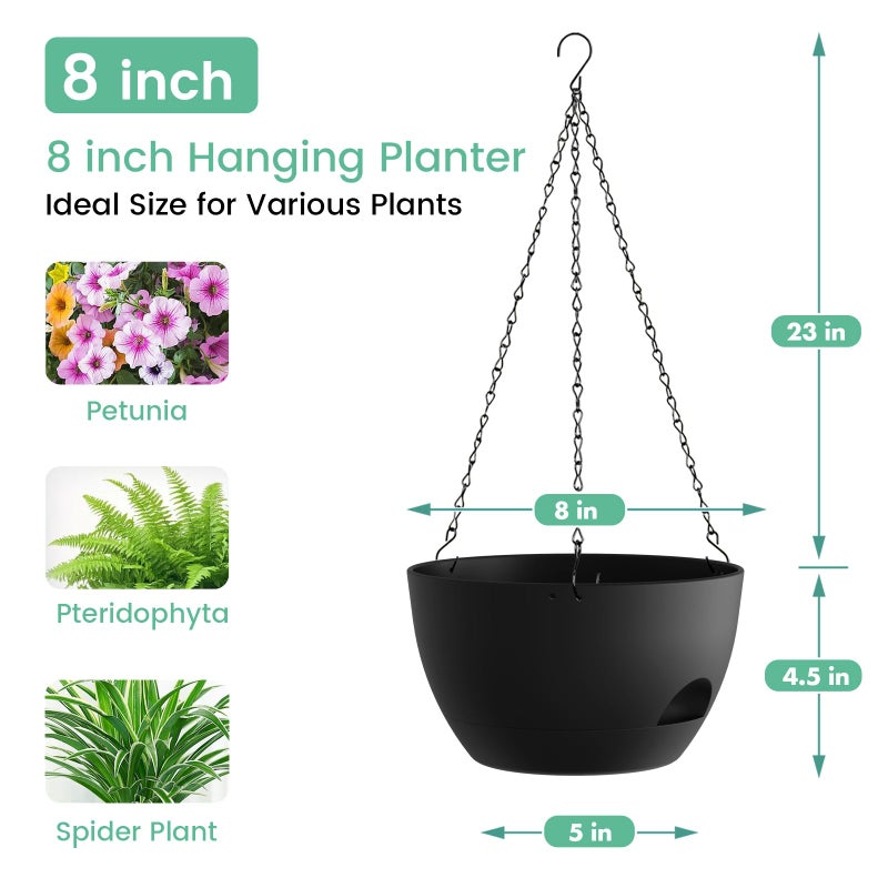 UOUZ 4 Pack 8 Inch Self Watering Hanging Planters for Indoor Outdoor Plantsï¼ŒHanging Pots for Plants with Drainage Removable Tray, Hanging Baskets Flower Pots for Ivy Pothos Spider Garden Porch Black - Image 3