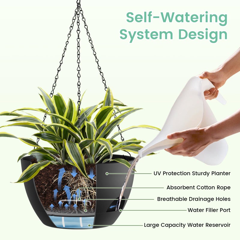 UOUZ 4 Pack 8 Inch Self Watering Hanging Planters for Indoor Outdoor Plantsï¼ŒHanging Pots for Plants with Drainage Removable Tray, Hanging Baskets Flower Pots for Ivy Pothos Spider Garden Porch Black - Image 4