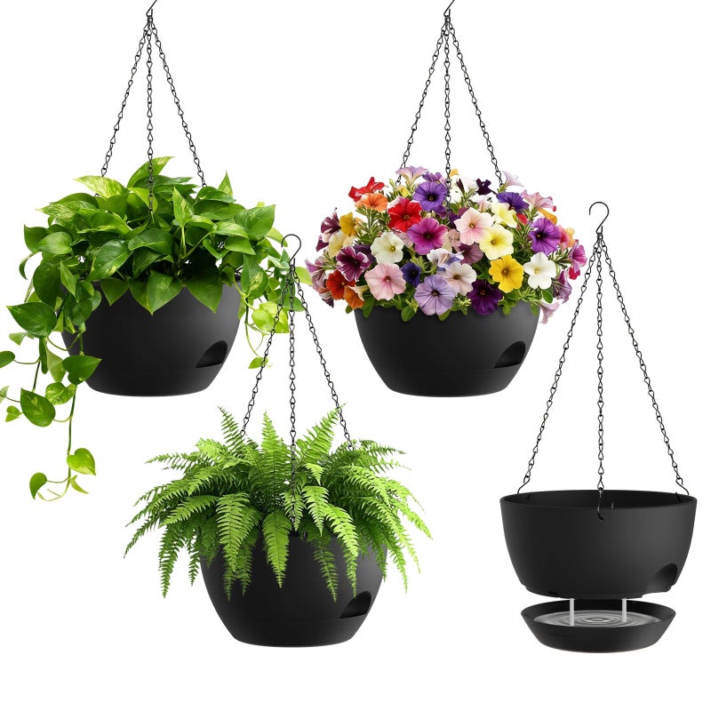 UOUZ 4 Pack 8 Inch Self Watering Hanging Planters for Indoor Outdoor Plantsï¼ŒHanging Pots for Plants with Drainage Removable Tray, Hanging Baskets Flower Pots for Ivy Pothos Spider Garden Porch Black - Image 1