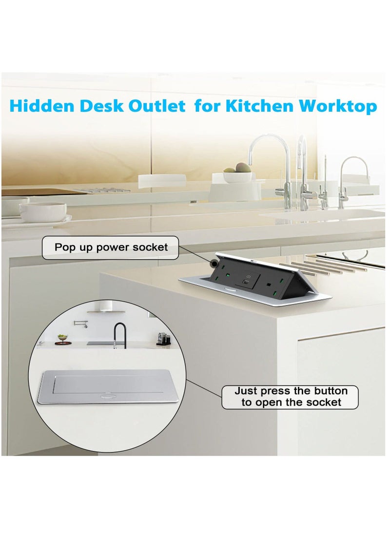 Recessed Power Socket with USB C PD20W, Desk Power Socket with USB, Aluminum Recessed Pop Up Socket for Desk Worktop 1.5M Cable, Aluminum(3250W/13A) - Image 5