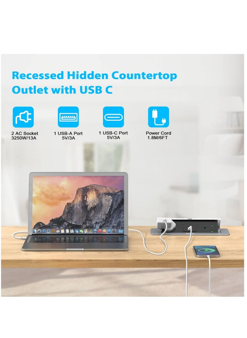 Recessed Power Socket with USB C PD20W, Desk Power Socket with USB, Aluminum Recessed Pop Up Socket for Desk Worktop 1.5M Cable, Aluminum(3250W/13A) - Image 3