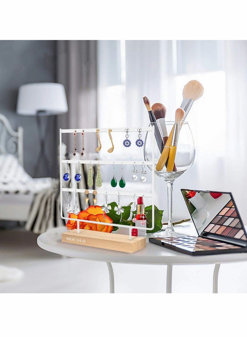 Excefore Earring Organiser, Jewelry Stand, Earring Display Stand with Wooden Tray/Dish for Earrings Necklace Bracelet Rings, Earring Holder for Hanging Earrings (66 Holes/3 Layers) - Image 2