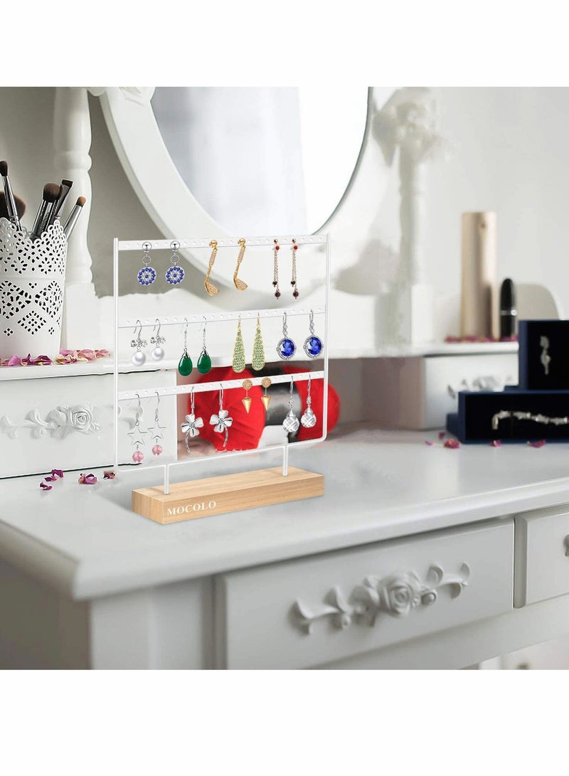 Excefore Earring Organiser, Jewelry Stand, Earring Display Stand with Wooden Tray/Dish for Earrings Necklace Bracelet Rings, Earring Holder for Hanging Earrings (66 Holes/3 Layers) - Image 4