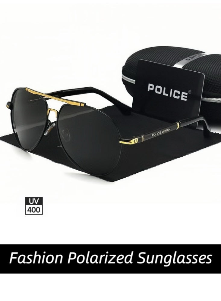 POLICE New Fashion Men's Polarized Sunglasses,Cycling Sunglasses, Protects You from UV Rays Metal High-end Sunglasses Black Frame Black Gold - Image 1