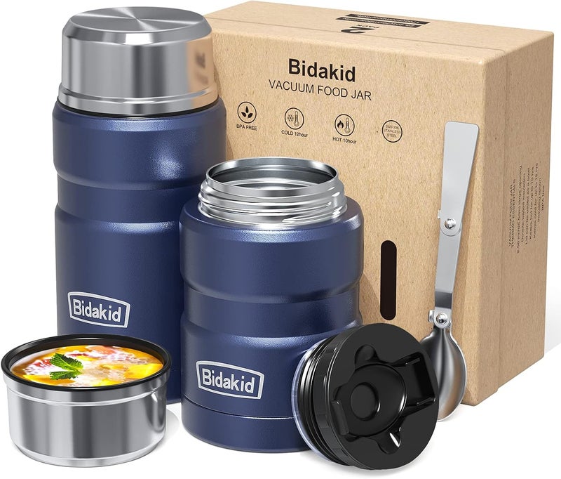Bidakid Insulated Food Jar Set – 25.4oz & 17oz Stainless Steel Containers with Folding Spoon and Carrying Bags – Leak-Proof, Keeps Food Hot or Cold for up to 12 Hours – Ideal for Work, School, Travel - Image 1