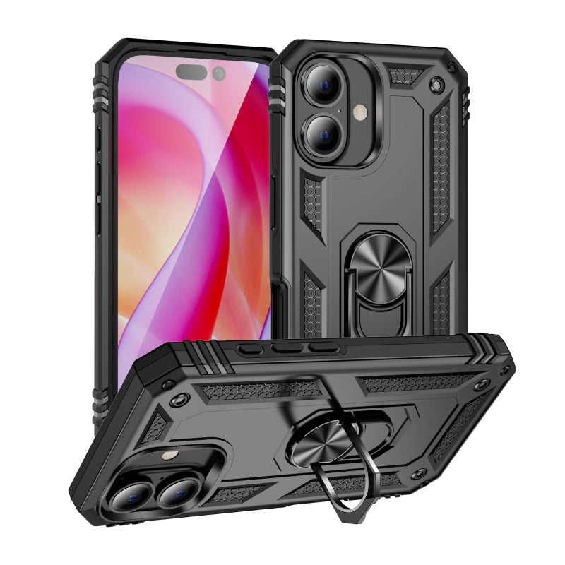 HuHa Protective Cover For iPhone 16 Shockproof TPU Hybrid PC Phone Case with Holder(Black) - Image 1
