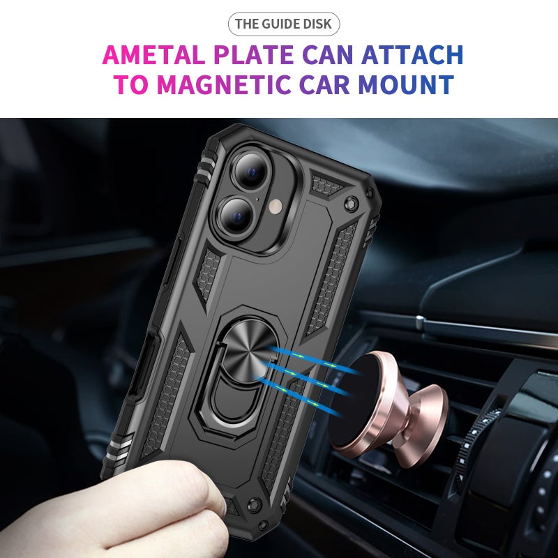 HuHa Protective Cover For iPhone 16 Shockproof TPU Hybrid PC Phone Case with Holder(Black) - Image 4