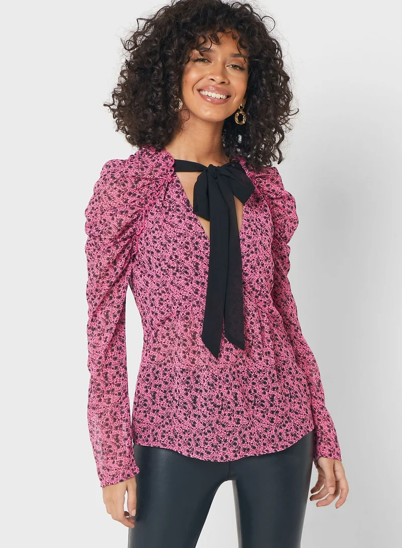 TOPSHOP Printed Tie Neck Top