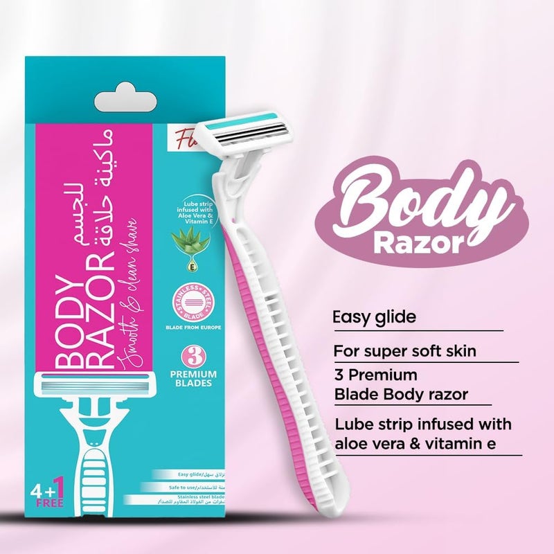 Floren Disposable Body Razors for Women - Pack of 5 | With Aloe Vera & Vitamin E Strip | 3 Premium SS European Blade | Smooth & Clean Shave | Hair Removal | For Arms, legs and Bikini Line | - Image 5
