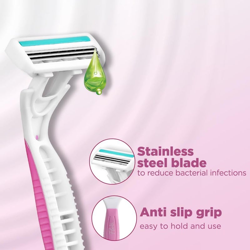 Floren Disposable Body Razors for Women - Pack of 5 | With Aloe Vera & Vitamin E Strip | 3 Premium SS European Blade | Smooth & Clean Shave | Hair Removal | For Arms, legs and Bikini Line | - Image 4