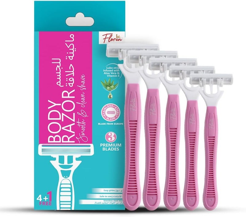 Floren Disposable Body Razors for Women - Pack of 5 | With Aloe Vera & Vitamin E Strip | 3 Premium SS European Blade | Smooth & Clean Shave | Hair Removal | For Arms, legs and Bikini Line | - Image 1