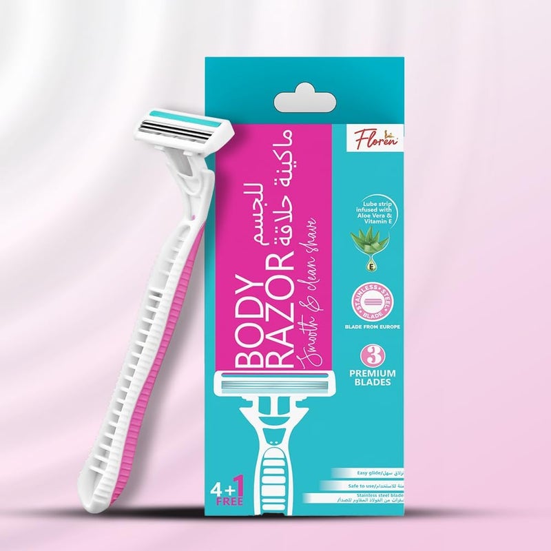 Floren Disposable Body Razors for Women - Pack of 5 | With Aloe Vera & Vitamin E Strip | 3 Premium SS European Blade | Smooth & Clean Shave | Hair Removal | For Arms, legs and Bikini Line | - Image 2