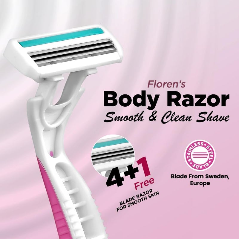 Floren Disposable Body Razors for Women - Pack of 5 | With Aloe Vera & Vitamin E Strip | 3 Premium SS European Blade | Smooth & Clean Shave | Hair Removal | For Arms, legs and Bikini Line | - Image 3
