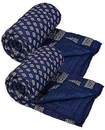 SHOPINGTRADE Jaipuri Light Weight Pure Cotton Traditional Rajasthani Print Blue Colour Single Bed Quilt/Razai/Rajai-Set of 2 - Image 1