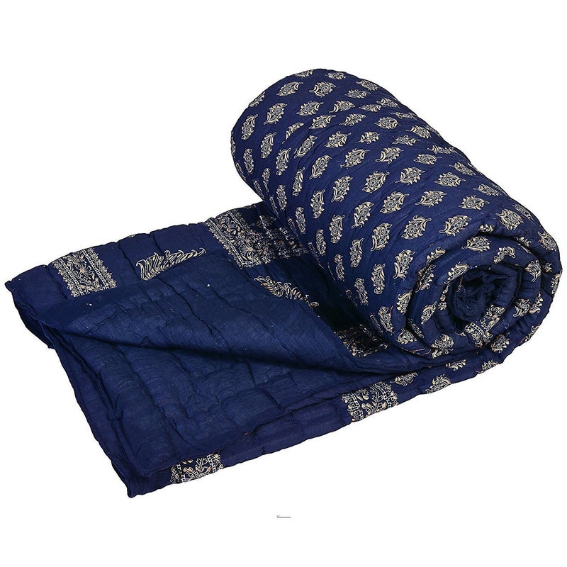 SHOPINGTRADE Jaipuri Light Weight Pure Cotton Traditional Rajasthani Print Blue Colour Single Bed Quilt/Razai/Rajai-Set of 2 - Image 2