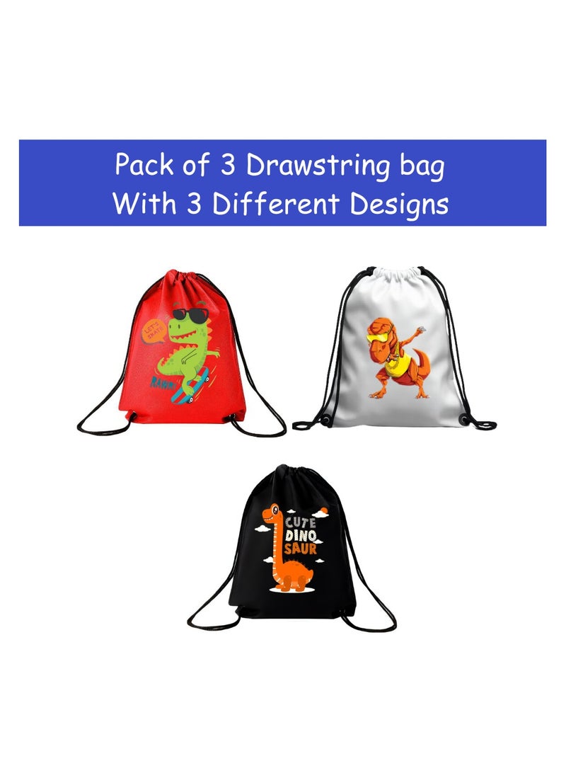 برينت شوب فور مي مجموعة من 3 حقائب برباط بتصميم ديناصور للأولاد - حقيبة ظهر رياضية متينة للأطفال، رائعة للمدرسة والاستخدام اليومي، خفيفة الوزن مع طباعة ديناصور للاستخدام اليومي - Image 2