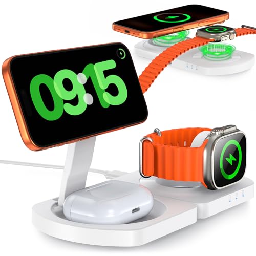 EGV Wireless Charger for iPhone, 3-in-1 Magnetic Charging Station for Apple, MagSafe Charger Stand for iPhone 17 Air 16 15 14 13 12 Series, Airpods Pro, Apple Watch Ultra, Foldable, No Adapter, White - Image 1