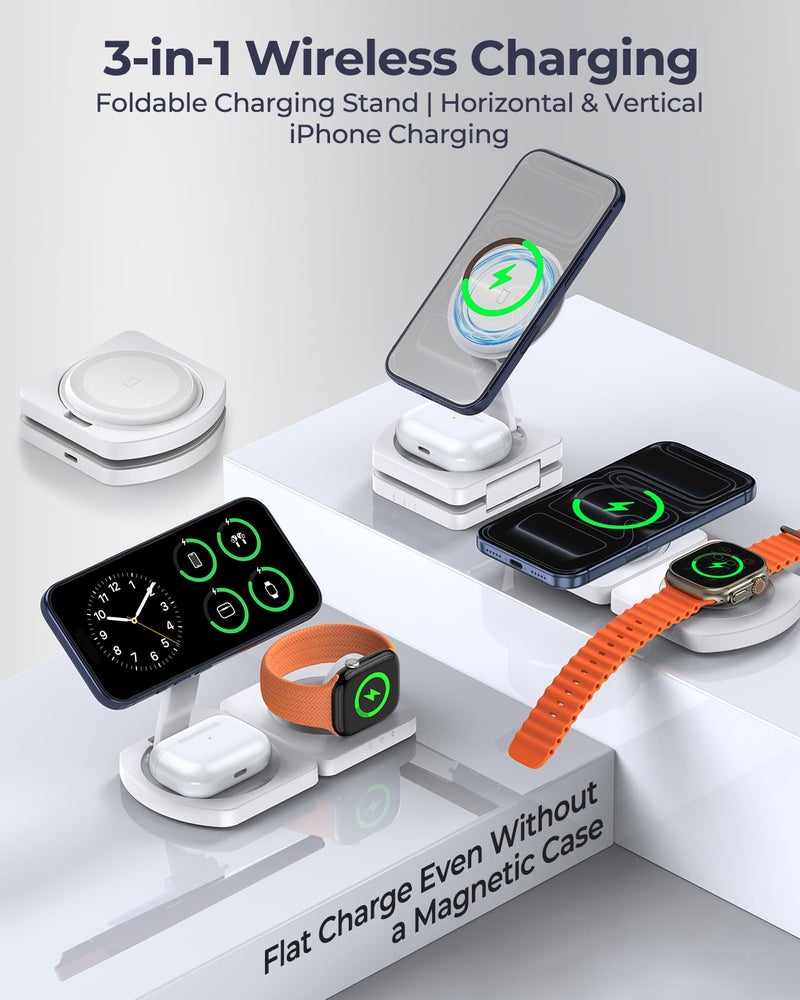 EGV Wireless Charger for iPhone, 3-in-1 Magnetic Charging Station for Apple, MagSafe Charger Stand for iPhone 17 Air 16 15 14 13 12 Series, Airpods Pro, Apple Watch Ultra, Foldable, No Adapter, White - Image 3