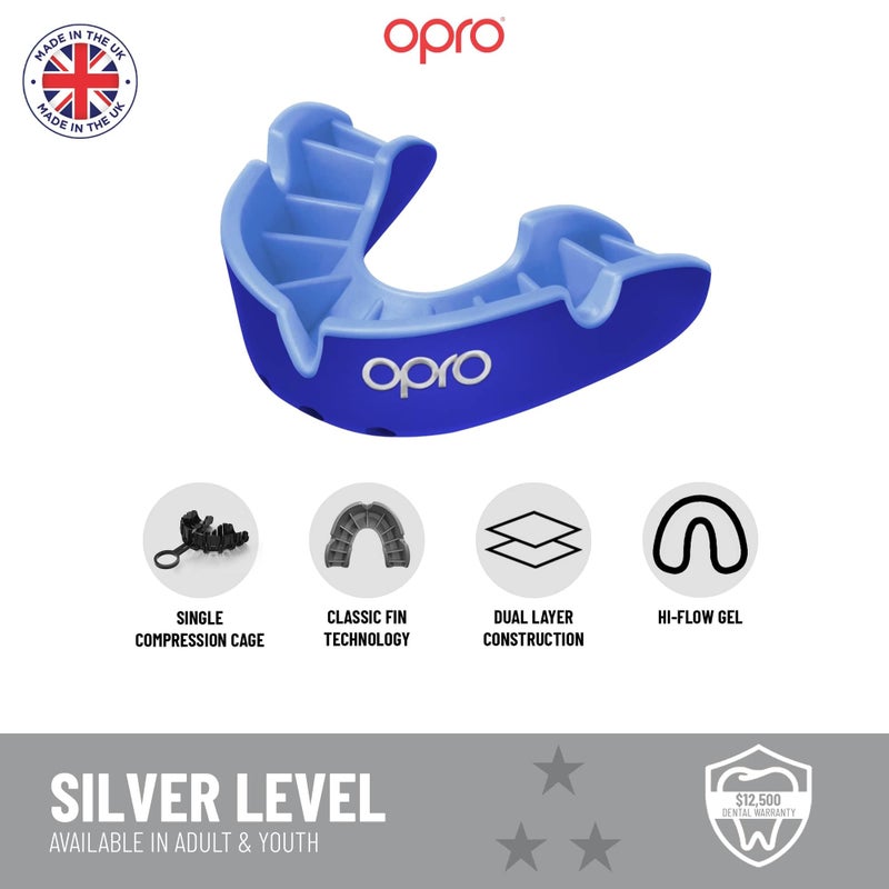 OPRO حارس الفم OPRO بمستوى الفضة للبالغين والشباب مع علبة، واقي اللثة الذي يتميز بتقنية التركيب الثورية لـ UFC، MMA، الملاكمة، BJJ وغيرها من الرياضات القتالية (فضي، بالغ) - Image 3