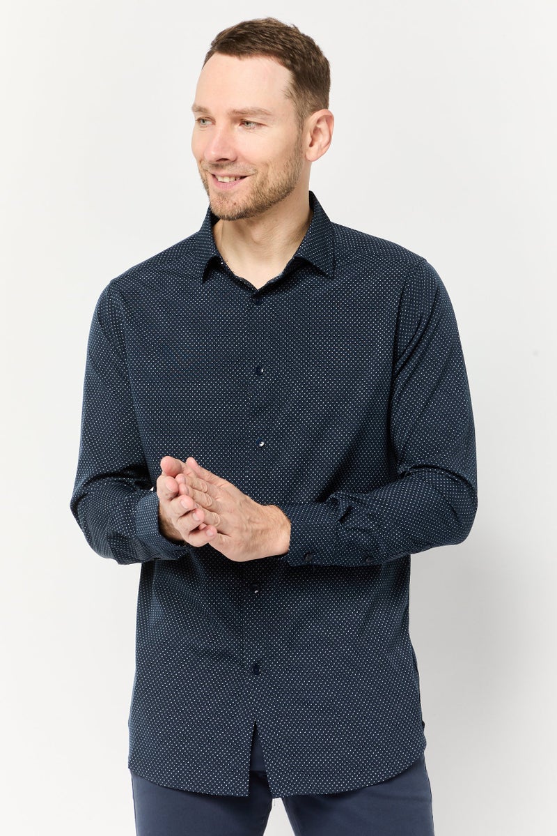 Scotch & Soda Men Modern Fit Allover Print Long Sleeves Dress Shirt, Navy - Image 1