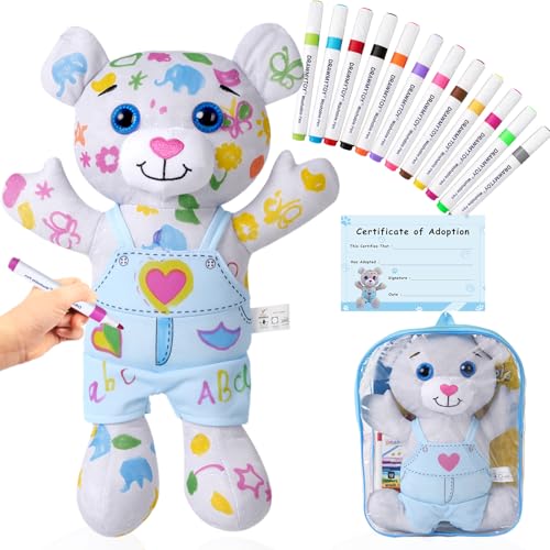 DRAWMYTOY Coloring Plush Toy with Washable Markers for Little Girls Doodle Dolls for Kids Ages 38 Birthday Blue Bear - Image 1