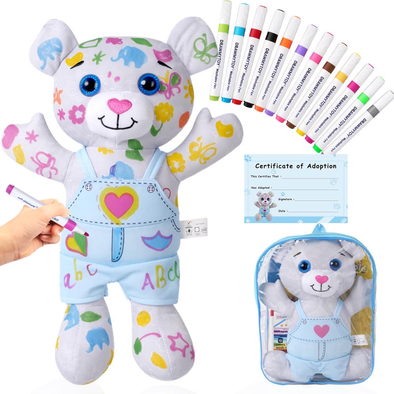 DRAWMYTOY Coloring Plush Toy with Washable Markers for Little Girls Doodle Dolls for Kids Ages 38 Birthday Blue Bear - Image 4