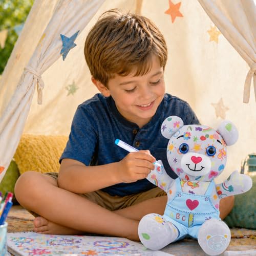 DRAWMYTOY Coloring Plush Toy with Washable Markers for Little Girls Doodle Dolls for Kids Ages 38 Birthday Blue Bear - Image 5