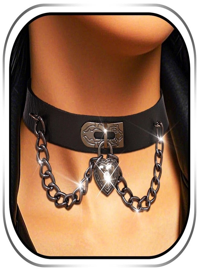 كامبسيس قلادة كامبسيس على شكل قلب قوطي، مصنوعة من الجلد الأسود مع سلاسل فضية، بنمط بانك - Image 1