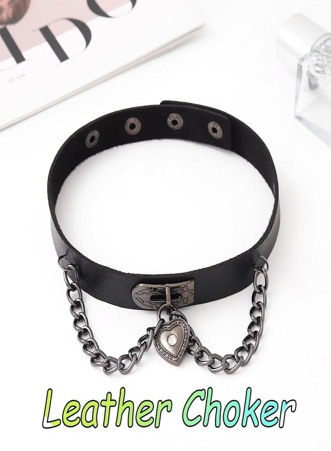 كامبسيس قلادة كامبسيس على شكل قلب قوطي، مصنوعة من الجلد الأسود مع سلاسل فضية، بنمط بانك - Image 4