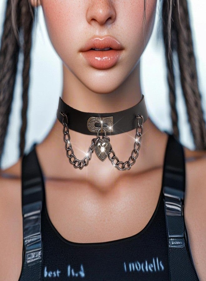 كامبسيس قلادة كامبسيس على شكل قلب قوطي، مصنوعة من الجلد الأسود مع سلاسل فضية، بنمط بانك - Image 5