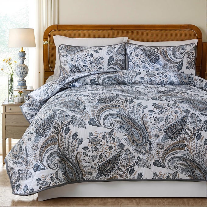 100 COTTON QUILT SETS KING GREY PAISLEY BEDDING SETS 3 PCS REVERSIBLE COVERLET BEDSPREAD PAISLEY FLORAL BEDSPREAD FOR ALL SEASON LIGHTWEIGHT ULTRA SOFT