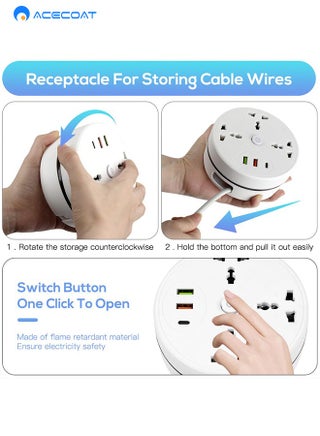 Power Strip, 3 Outlets and 3 USB Ports 1.8m Extension Cord, Round Socket Overload Surge Protector, 100% Copper Core, Mini Plug Charging Station, Compact for Office, Home, Travel (White) - view 2