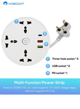 Power Strip, 3 Outlets and 3 USB Ports 1.8m Extension Cord, Round Socket Overload Surge Protector, 100% Copper Core, Mini Plug Charging Station, Compact for Office, Home, Travel (White) - view 3
