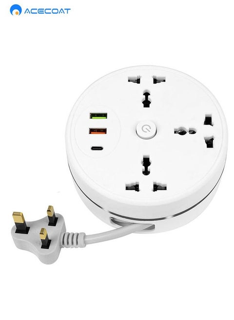 Power Strip, 3 Outlets and 3 USB Ports 1.8m Extension Cord, Round Socket Overload Surge Protector, 100% Copper Core, Mini Plug Charging Station, Compact for Office, Home, Travel (White)