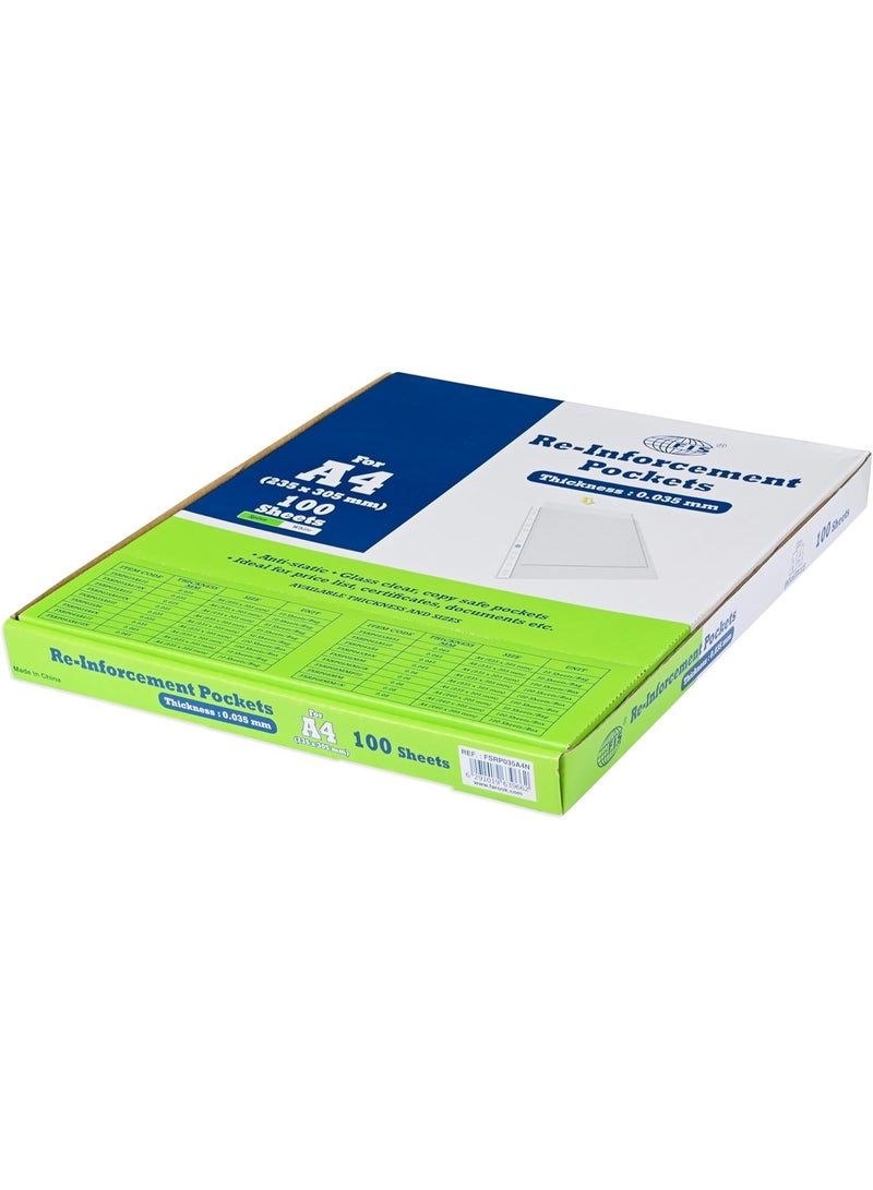 FIS جيوب تعزيز FIS®، حجم A4 (240x305 مم)، سمك 0.035 مم، مواد PP زجاجية واضحة ممتازة، العمود الأبيض، 11 ثقب، علبة من 100 ورقة - FSRP035A4N - Image 4