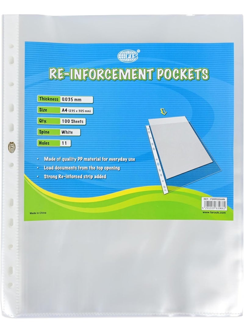 FIS جيوب تعزيز FIS®، حجم A4 (240x305 مم)، سمك 0.035 مم، مواد PP زجاجية واضحة ممتازة، العمود الأبيض، 11 ثقب، علبة من 100 ورقة - FSRP035A4N - Image 1