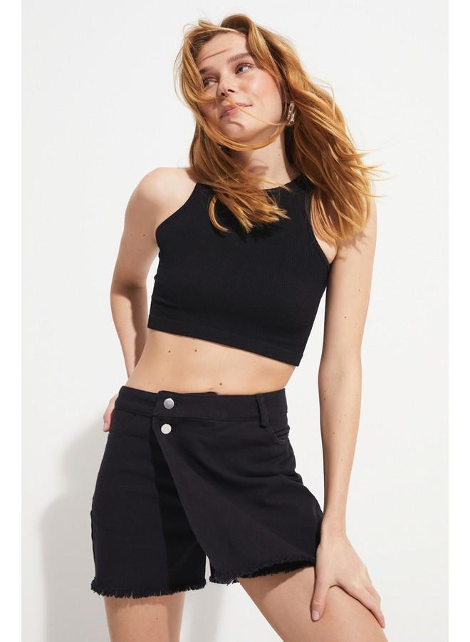 جون جيبة جينز قصيرة نسائية مزدوجة الصدر أسود - Image 1