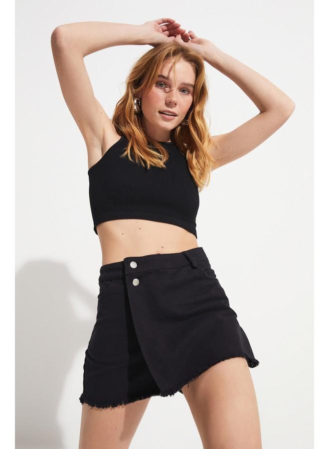 جون جيبة جينز قصيرة نسائية مزدوجة الصدر أسود - Image 2