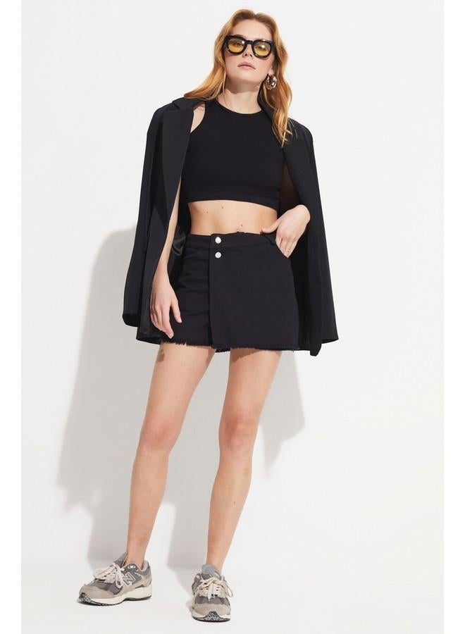 جون جيبة جينز قصيرة نسائية مزدوجة الصدر أسود - Image 5