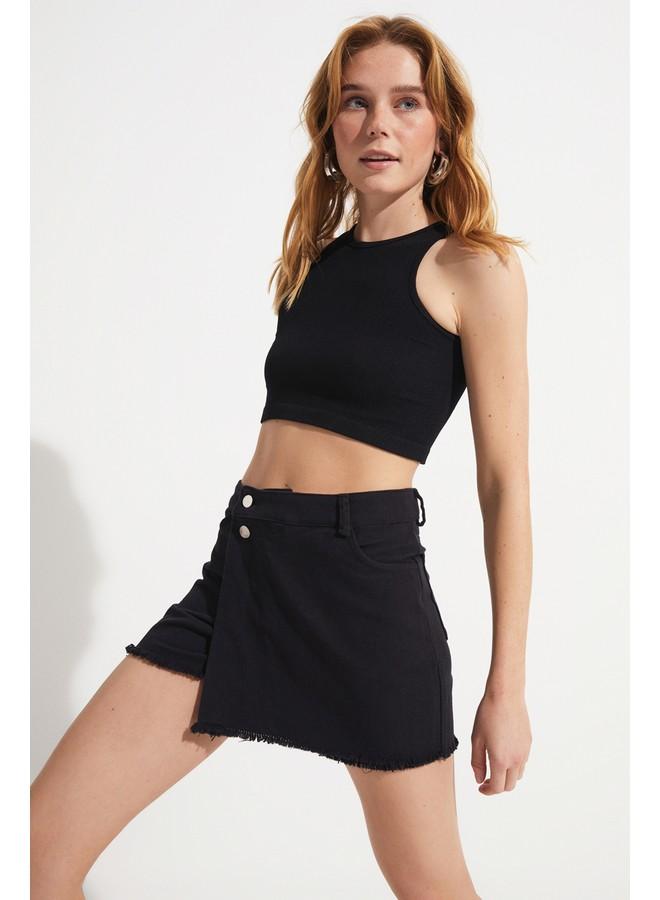 جون جيبة جينز قصيرة نسائية مزدوجة الصدر أسود - Image 4