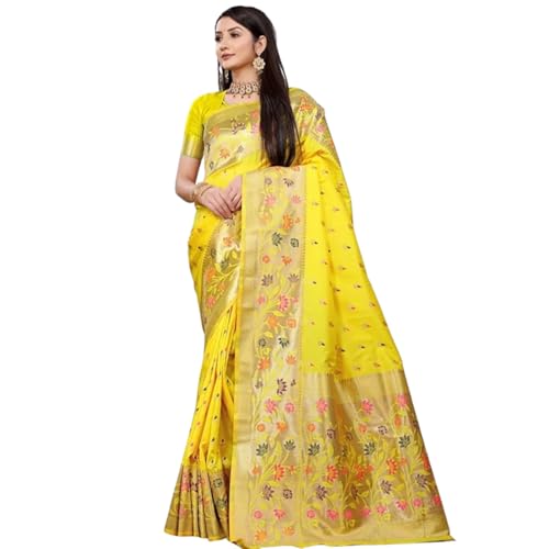 AMIRAT Women’s Pure Kanjivaram Soft Silk Saree With Blouse Piece for Wedding (Lemon Yellow) - Image 1
