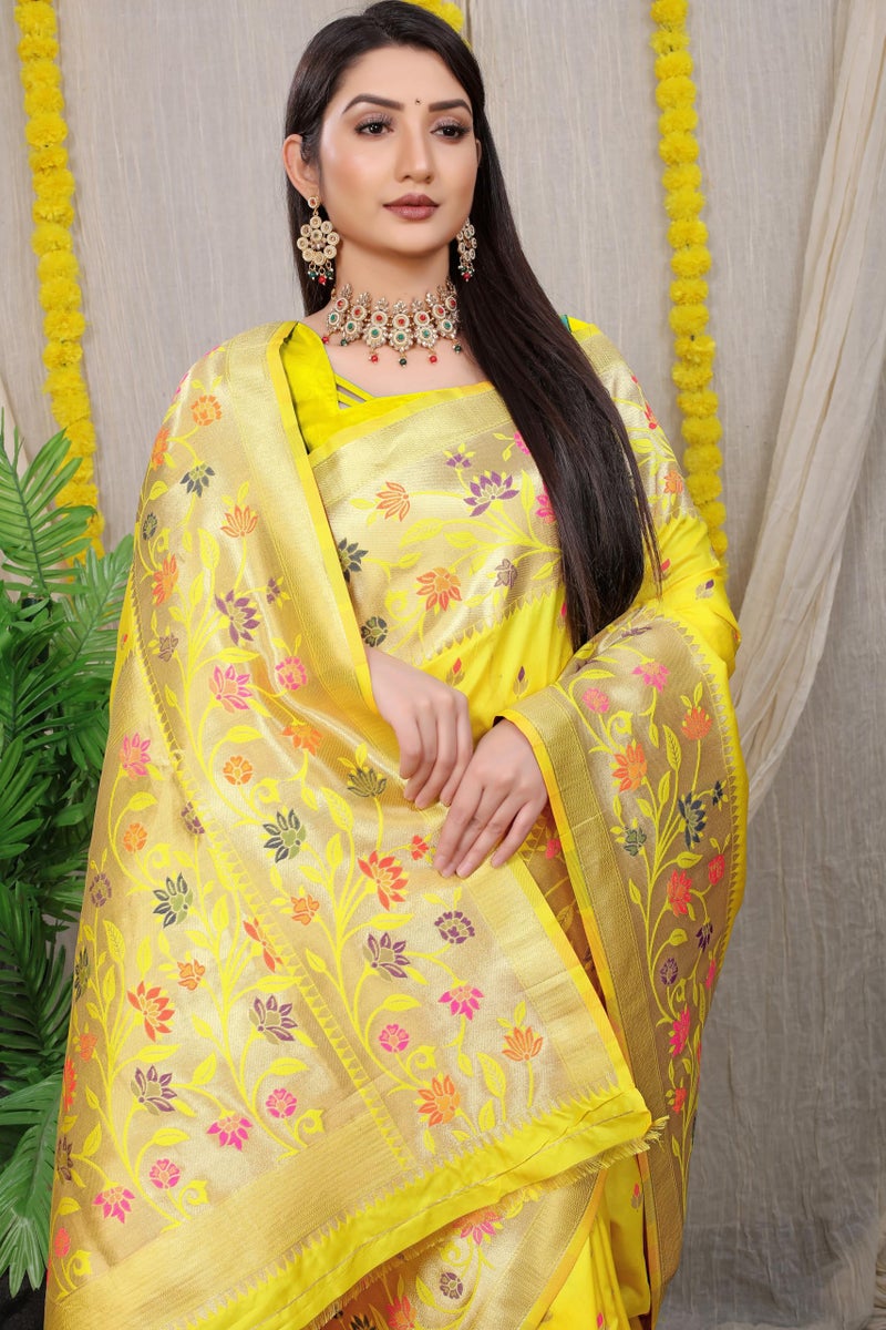 AMIRAT Women’s Pure Kanjivaram Soft Silk Saree With Blouse Piece for Wedding (Lemon Yellow) - Image 5