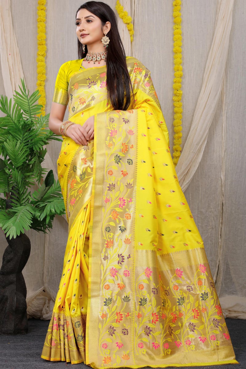 AMIRAT Women’s Pure Kanjivaram Soft Silk Saree With Blouse Piece for Wedding (Lemon Yellow) - Image 2