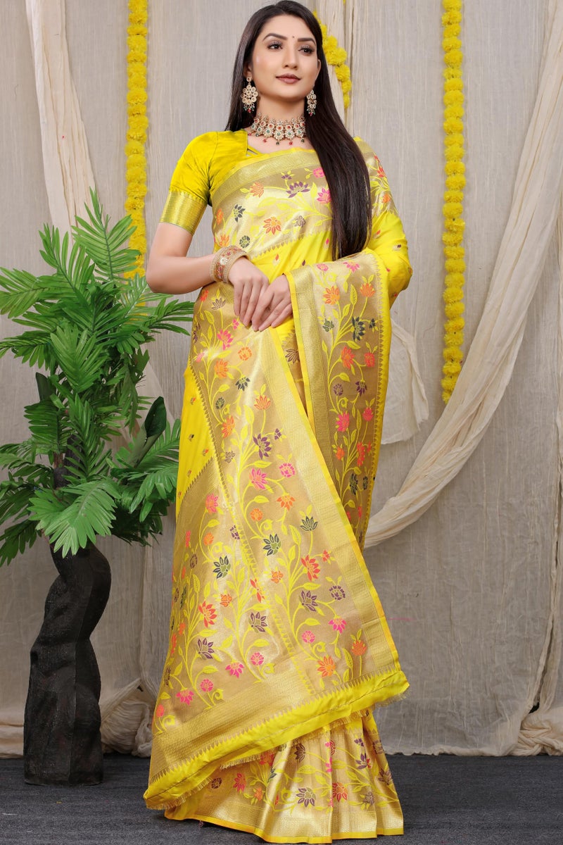 AMIRAT Women’s Pure Kanjivaram Soft Silk Saree With Blouse Piece for Wedding (Lemon Yellow) - Image 3