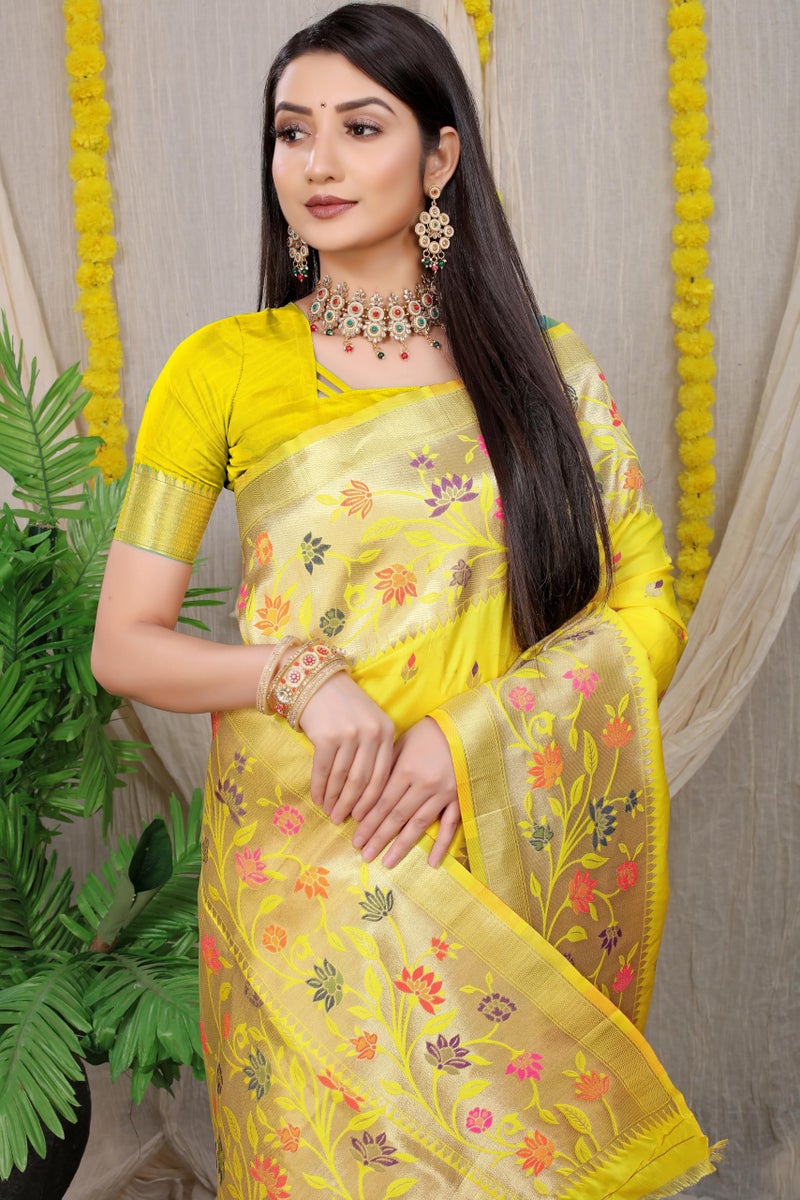 AMIRAT Women’s Pure Kanjivaram Soft Silk Saree With Blouse Piece for Wedding (Lemon Yellow) - Image 4