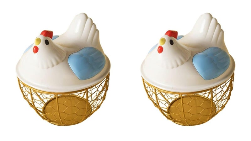 Chicken Shape Egg Storage Holder Metal Forged Egg Basket with Plastic Chicken Design Kitchen Egg Organizer Decorative Egg Tray Rack for Refrigerator Countertop Storage Home Use (Two packs) - Image 1