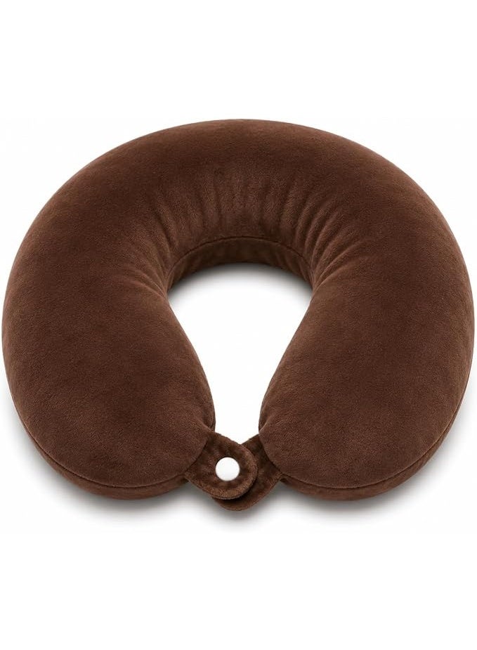 Memory Foam Travel Neck Pillow with Soft Velvet Cover Ergonomic Airplane Pillow Portable Neck Support Cushion for Car Train Office Camping Travel Accessories Comfortable Design (Brown) - Image 1